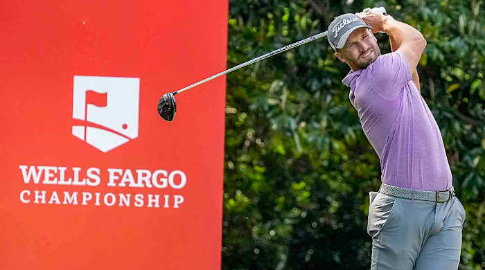 Wyndham Clark hits a tee shot during the 2023 Wells Fargo Championship in Charlotte, N.C.
